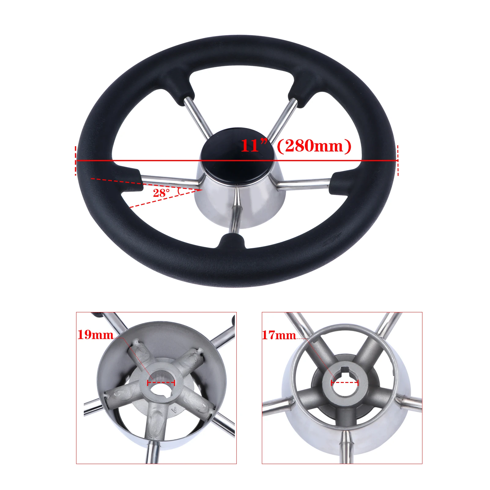 Volante marino de acero inoxidable, accesorio de 11 pulgadas con espuma negra y destructor de 5 radios para yate y barco - imagen 3