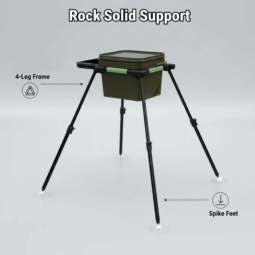 Cubo de cebo para pesca de carpa, 10L, con soporte telescópico ajustable (patas de 45-75cm), soporte para estación de cebo de 37,5x28cm, Ca duradero portátil - imagen 4