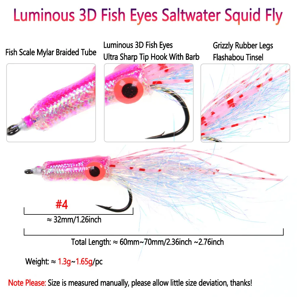 Bimoo 6 piezas # 4 ojos de pez luminosos 3D, calamar de agua salada, mosca Flashabou, oropel, cola, Streamer, Tarpon, lubina, pargo, atún, señuelo de pesca de mar - imagen 2