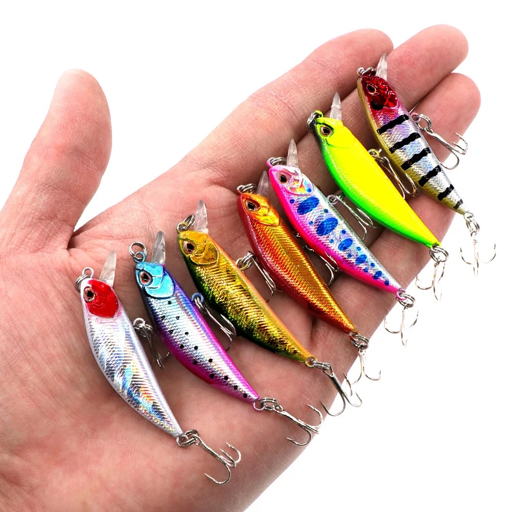 Señuelo de pesca de 34 colores, 5g/5cm, pececillo que se hunde, ojos 3D, curricán láser, cebo de plástico Buzz con 2 anzuelos Trible - imagen 3