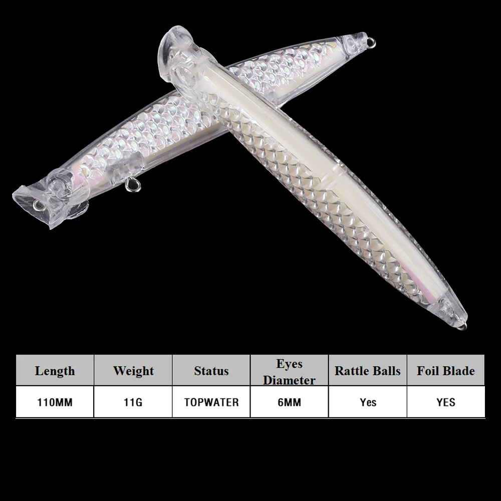 Chan'sHuang, 10 Uds., cebo en blanco sin pintar, 110mm, 11g, sonajeros flotantes, lámina holográfica Popper, señuelo de pesca Artificial hecho a mano DIY - imagen 2
