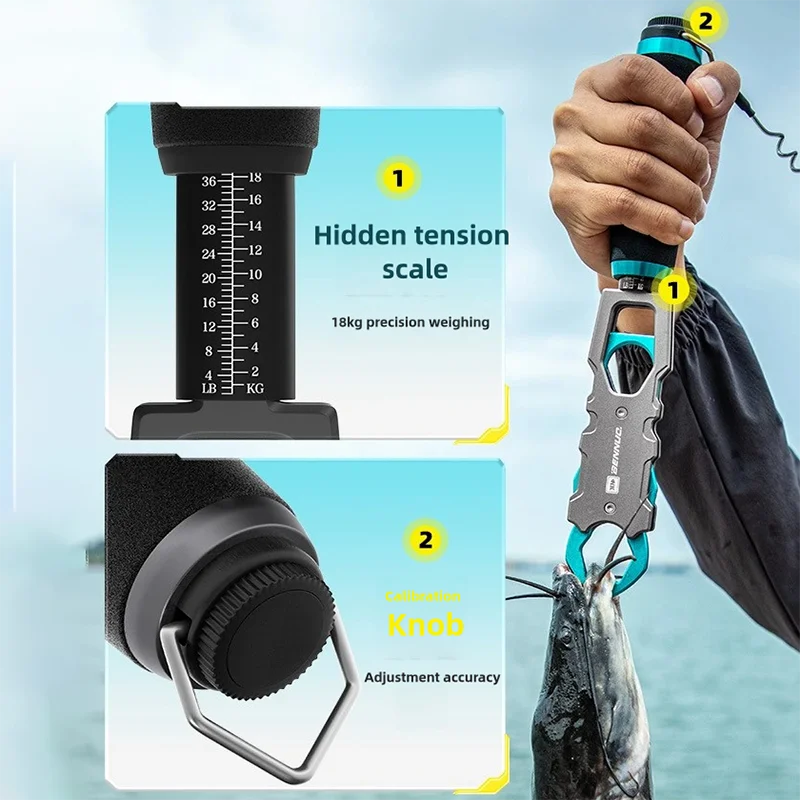 Abrazadera de señuelo todo en uno para pesca, agarre de Control de pescado, 18kg de carga, aluminio de aviación con Control de escala de pesaje - imagen 3