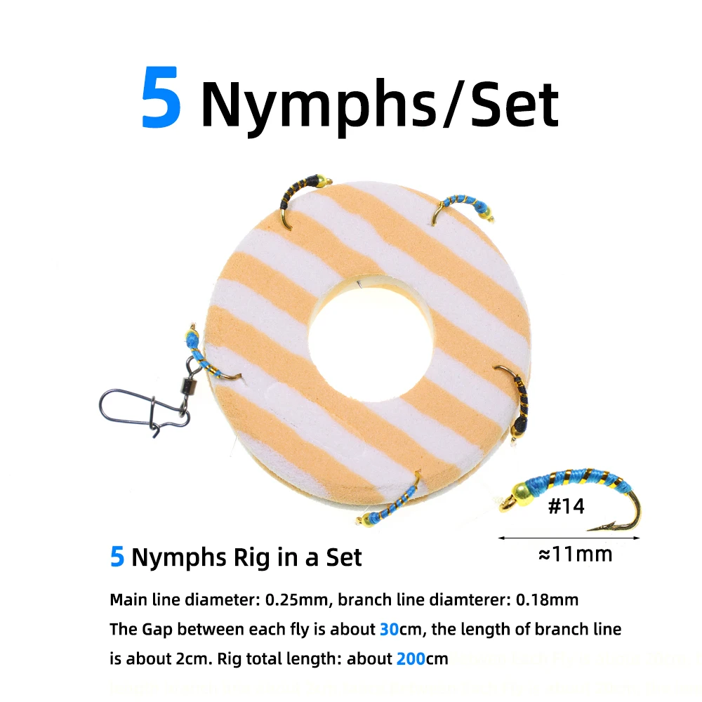 [5 sets] Nymph Lavaret Rig Cod / Whiting / Perch Live Bait Fish Sabiki Fishing Rigs Gold Head Black & Blue #14 - imagen 4