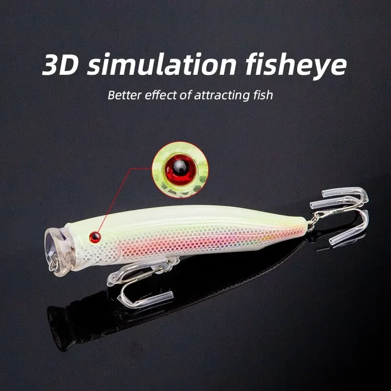 Señuelo de pesca Popper, 1 unidad, 120mm, 30g, cebo Popper Topwater, revestimiento láser, ojo de pez 3D con 2 anzuelos triples para lubina, trucha, Lucio, Wobblers