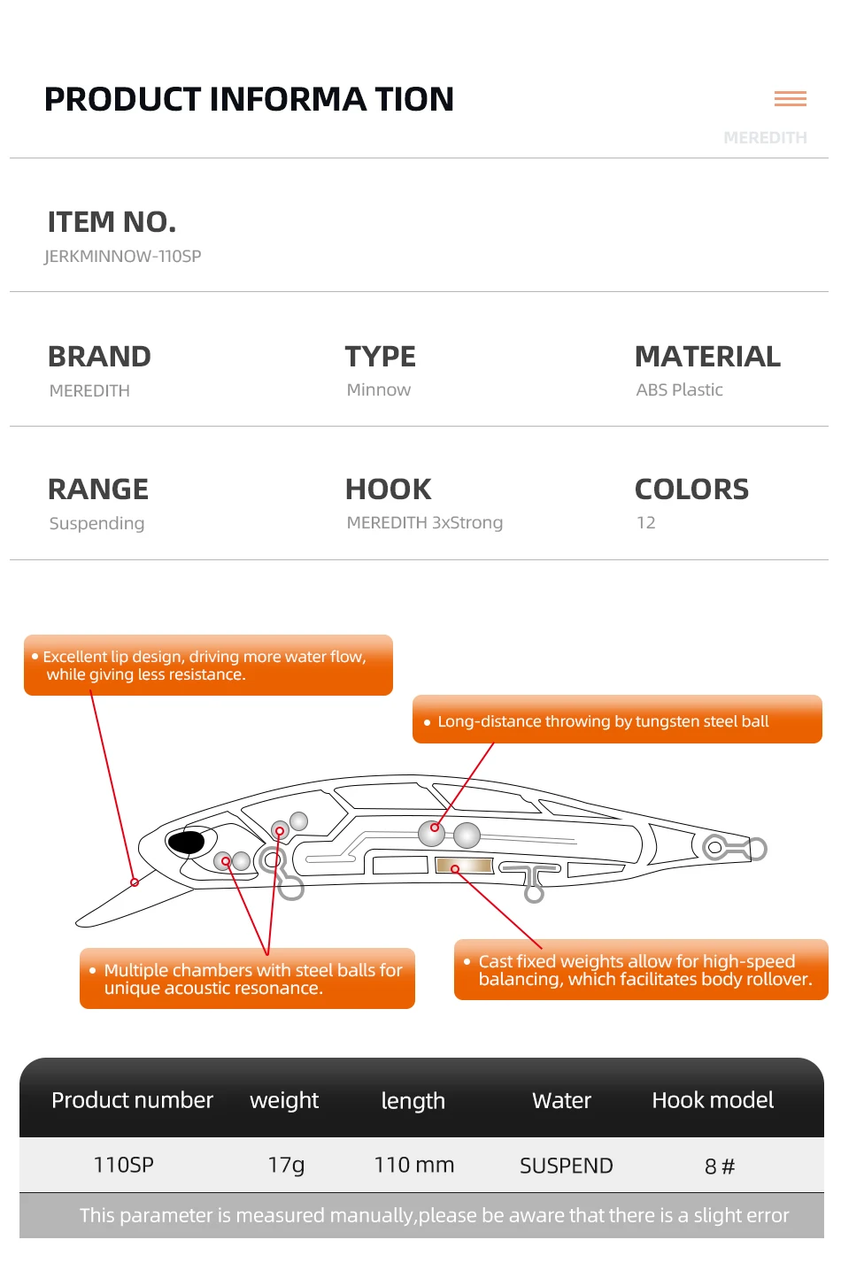 Wobbler F minnow mostrando sus 3 anzuelos MEREDITH y ojos 3D de pez brillantes