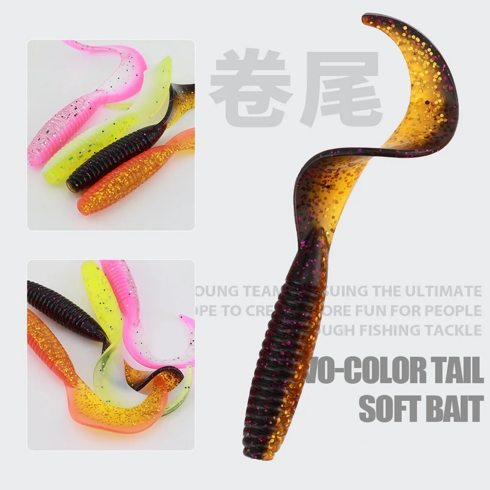 10 unids/lote cebo suave en espiral de dos colores 70mm/2,7g sabor a camarón plantilla Artificial Wobblers silicona Swimbait carpa aparejos de pesca de lubina - imagen 2