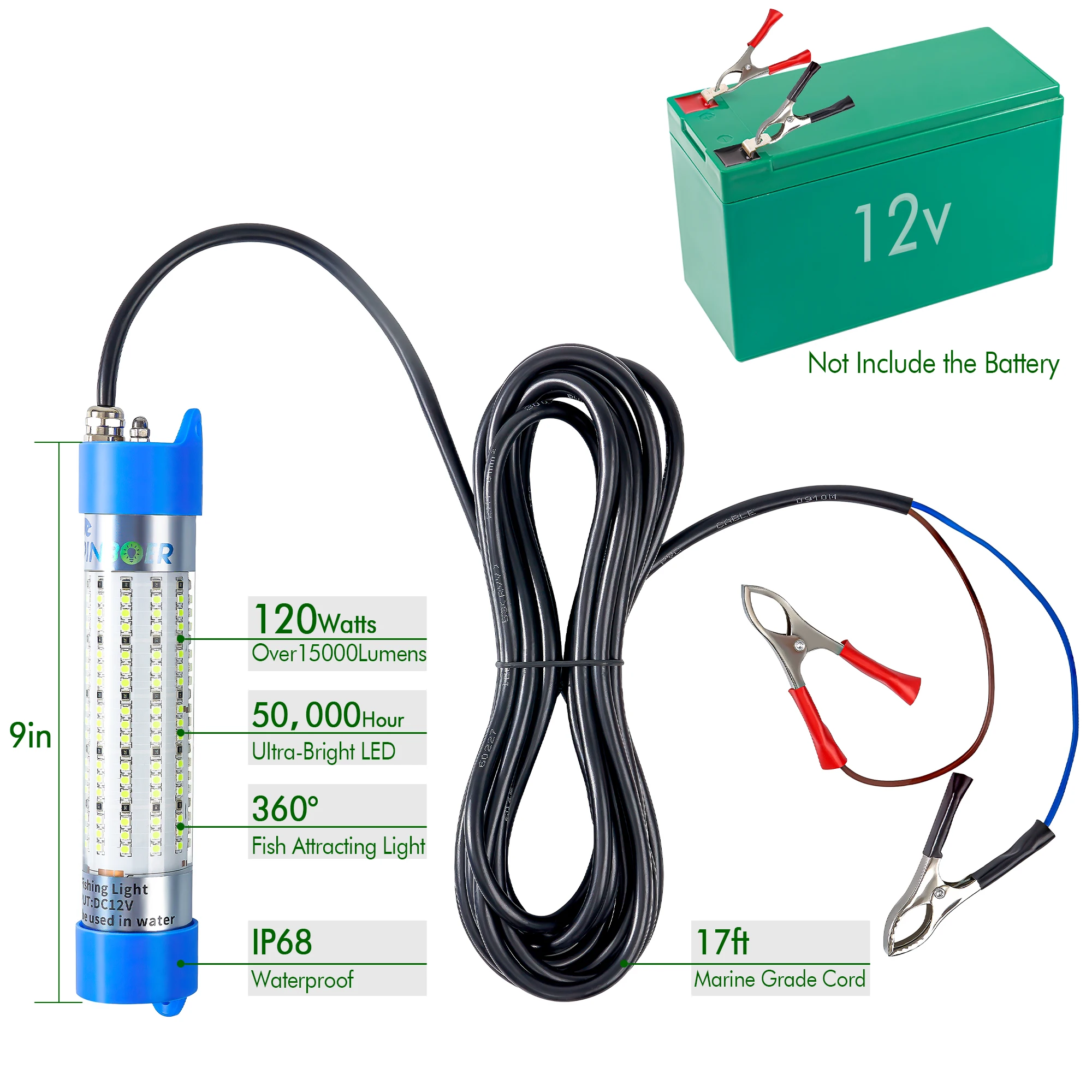 Pinboer luz de pesca submarina 120W 12V 15000LM verde blanco bajo el agua de alta potencia LED señuelo cebo y lámpara buscador atractivo - imagen 3