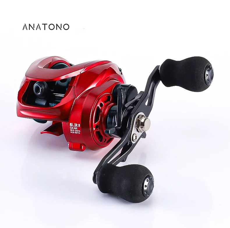 Un carrete de pesca rojo y negro