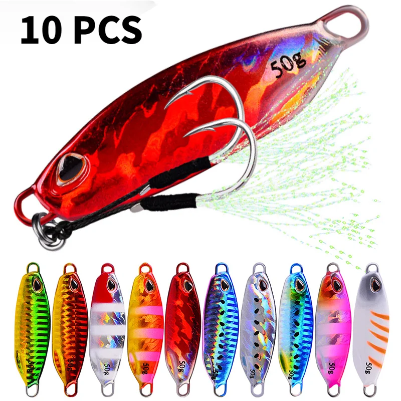 10 unids/set plantilla de Metal cuchara señuelo cebo Artificial Shore Jigging lento aparejos de pesca de lubina 10g 15g 20g 30g 40g 50g