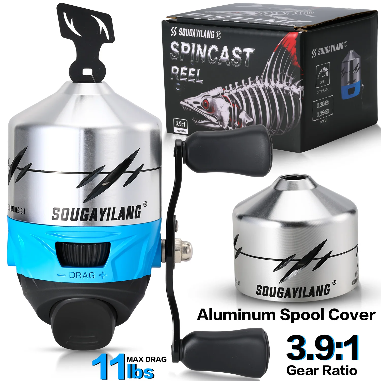 Carrete de pesca Sougayilang Spincast: relación de engranaje de alta velocidad 3,9:1, construcción de aleación de aluminio, con línea trenzada de nailon Pesca