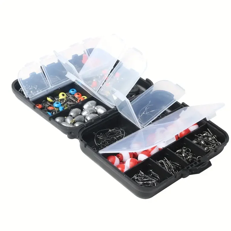 Juego de accesorios de pesca con caja de aparejos, 263 unidades/juego, incluye alicates, anzuelos, peso giratorio, broches, diapositivas de plomo - imagen 4
