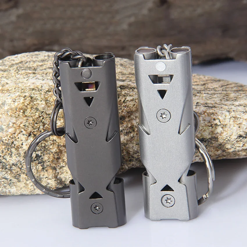 Llavero portátil de alto decibelio para exteriores, silbato de acero inoxidable, doble tubo, herramientas multifunción de supervivencia de emergencia - imagen 3