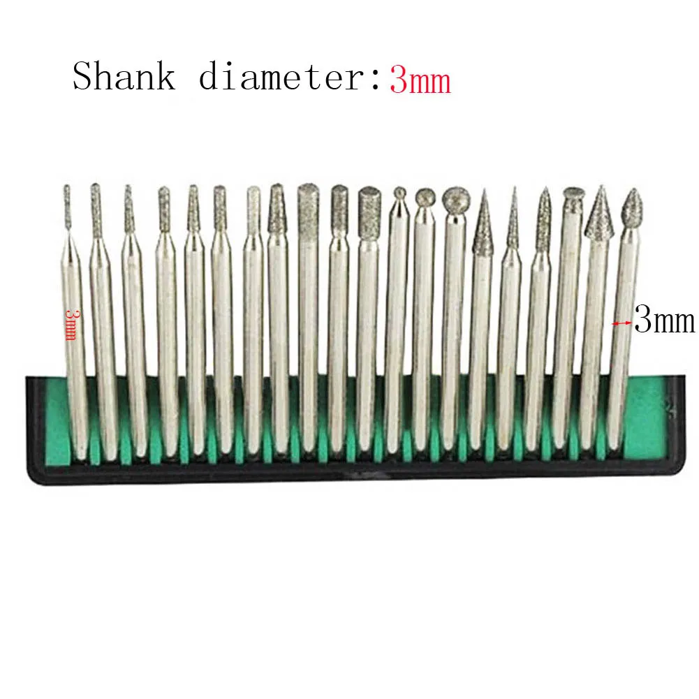 20 piezas vástago de 2,35/3mm, rebaba de diamante, punta de aguja, grabado, tallado, pulido, vidrio, piedra de Jade, broca, juego de herramientas rotativas - imagen 2