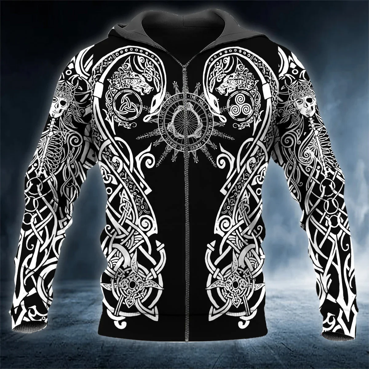 Sudadera con capucha y sudadera para hombre con estampado 3D de tatuaje de mitología nórdica en blanco y negro, sudadera informal Unisex con cremallera QDY46 - imagen 2
