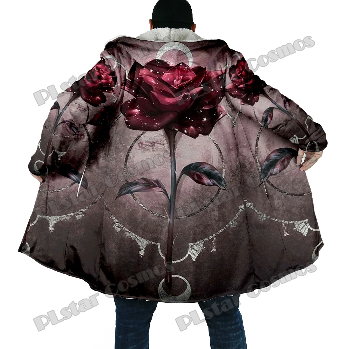 Capa de moda de invierno para hombre, capa con capucha de lana gruesa con estampado 3D de flores y rosas, capa cálida informal Unisex DP43 - imagen 3