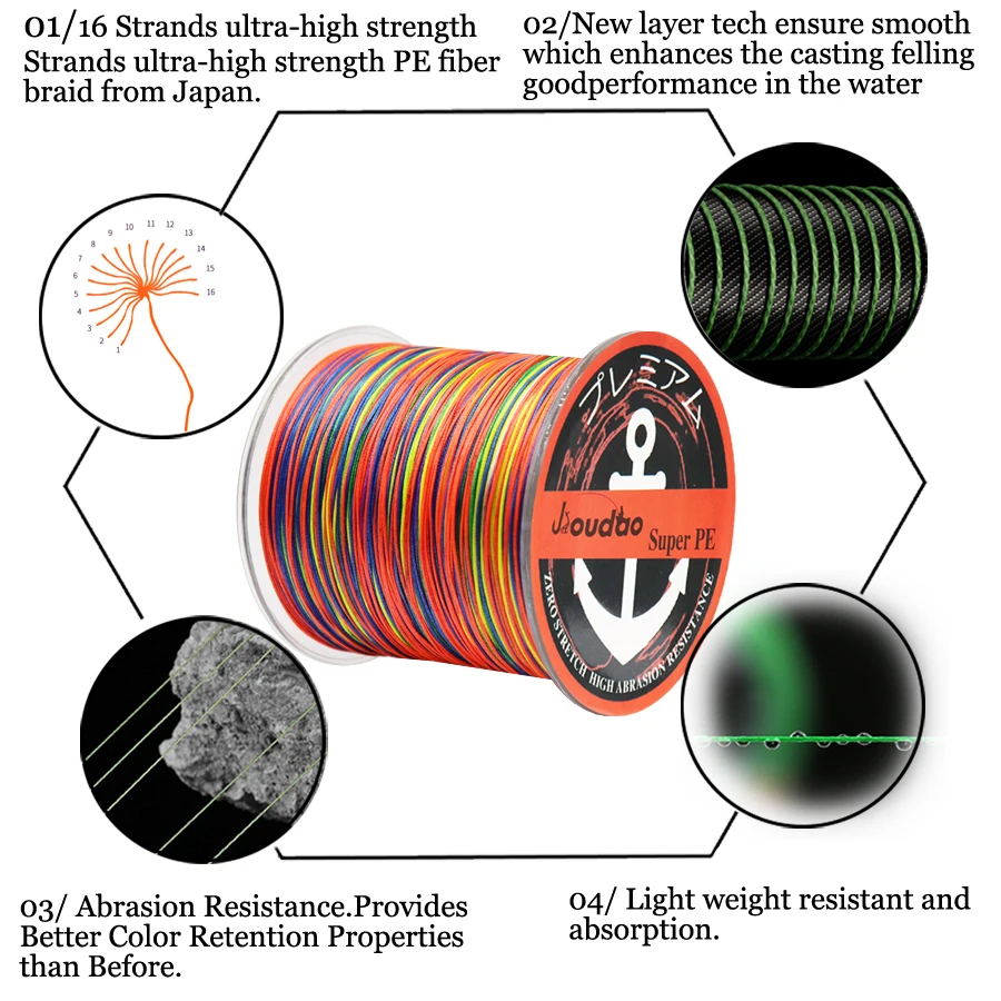 Línea de pesca trenzada de 16 hebras, 1500m, 1640 yardas, 55lbs-280lbs, líneas de PE de prueba para pesca de carpa en agua dulce y salada - imagen 3