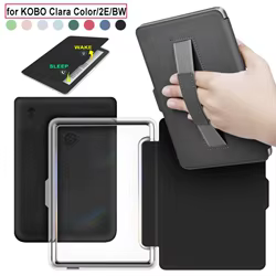 Funda de 6 pulgadas con encendido/apagado automático con correa de mano, carcasa protectora a prueba de golpes, Funda tipo Folio trasera transparente para KOBO Clara Color/2E/BW