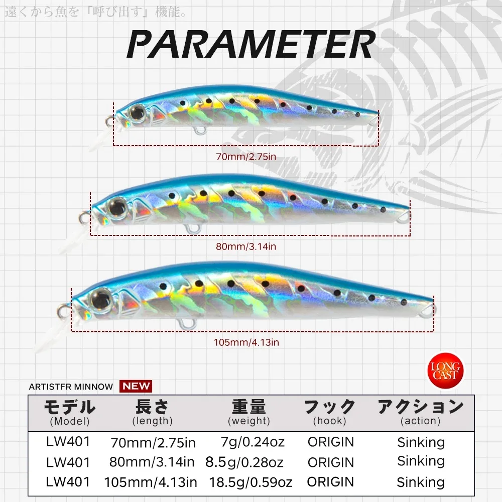 Hunthouse artista Minnow señuelo de Pesca 70/80/105mm hundimiento Jerkbait Wobblers señuelo duro aparejos de Pesca para lubina trucha LW401 - imagen 2
