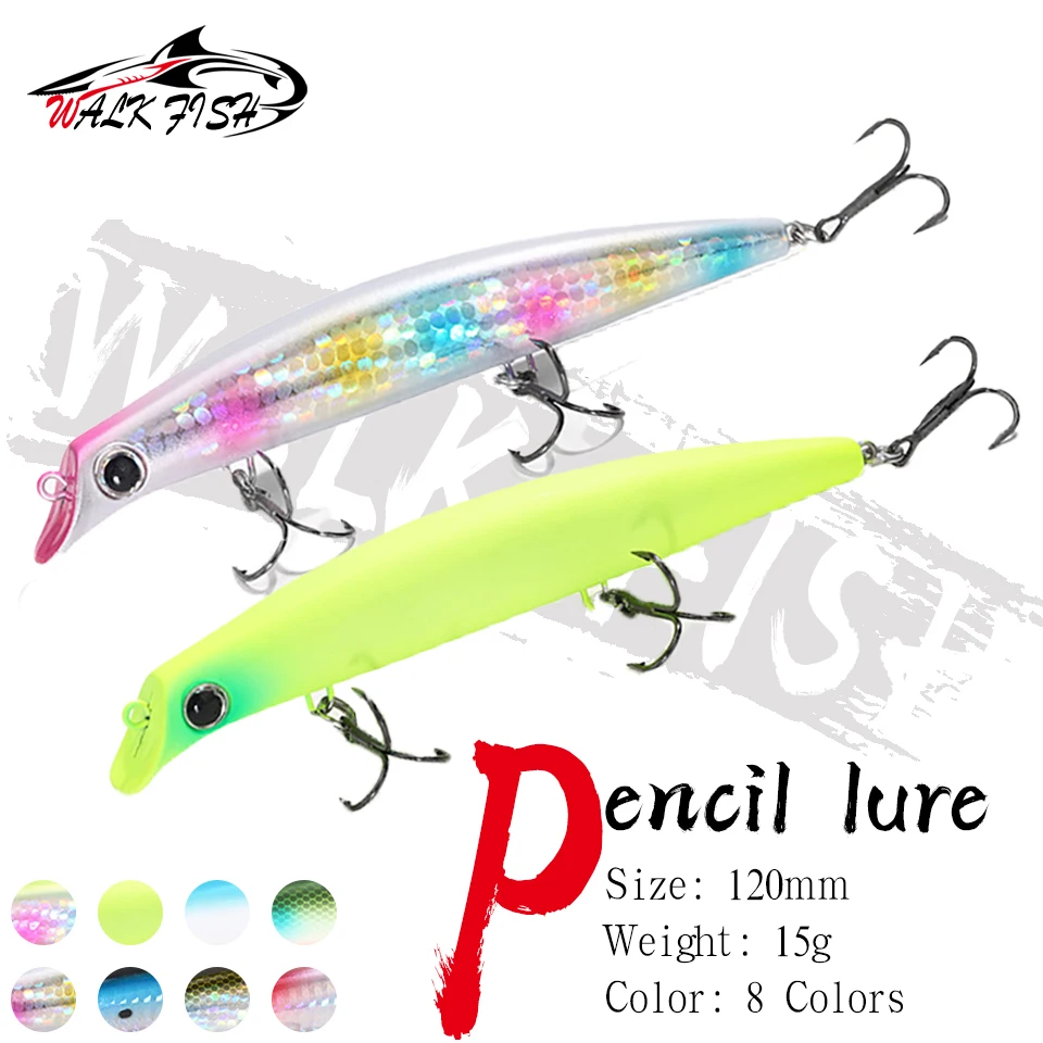 WALK FISH-señuelo de pesca con lápiz, 120mm, 15g, Topwater Popper, 3 anzuelos triples, cebo Artificial de hundimiento lento, equipo de pesca de lubina