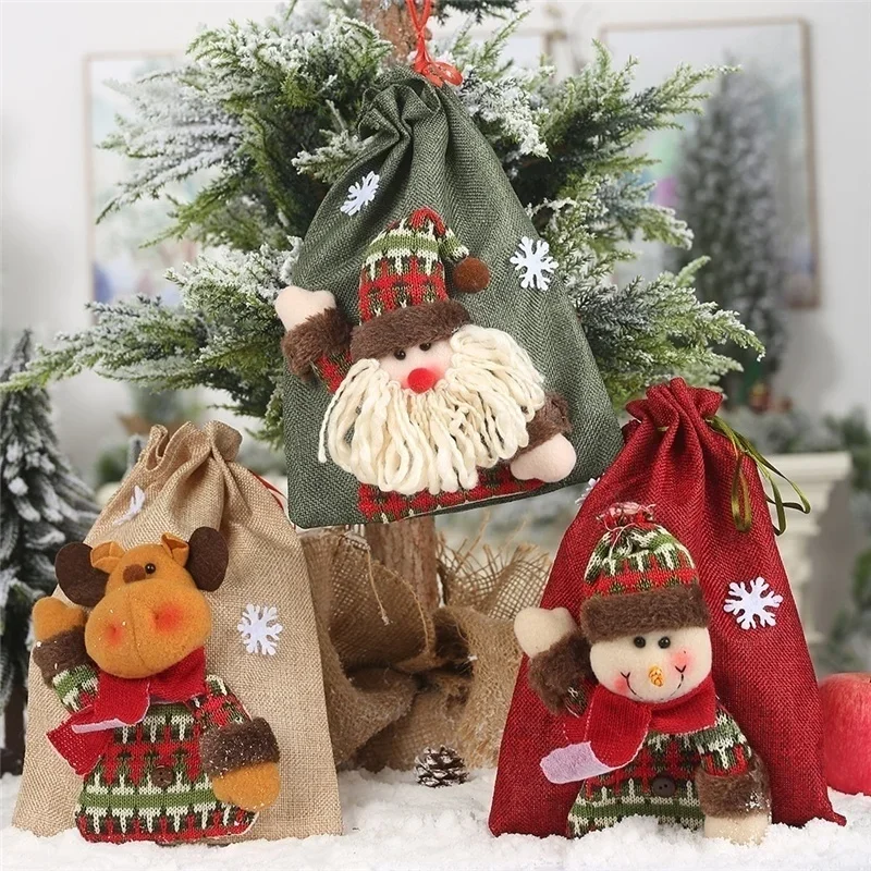 Decoraciones navideñas de Año Nuevo para el hogar, bolsa de regalo con cordón de lino, bolsas grandes de dulces de Navidad, bolsa de manzana de dibujos animados para vacaciones - imagen 2