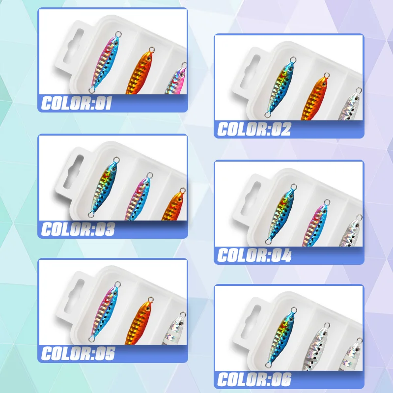 Señuelos mágicos para pesca, paquete de plantilla de Metal, 3g, 5g, 7g, 5 uds., caja de Micro plantillas, cebo Artificial, juego de señuelos, juegos de Jigging de lubina, peces falsos - imagen 4