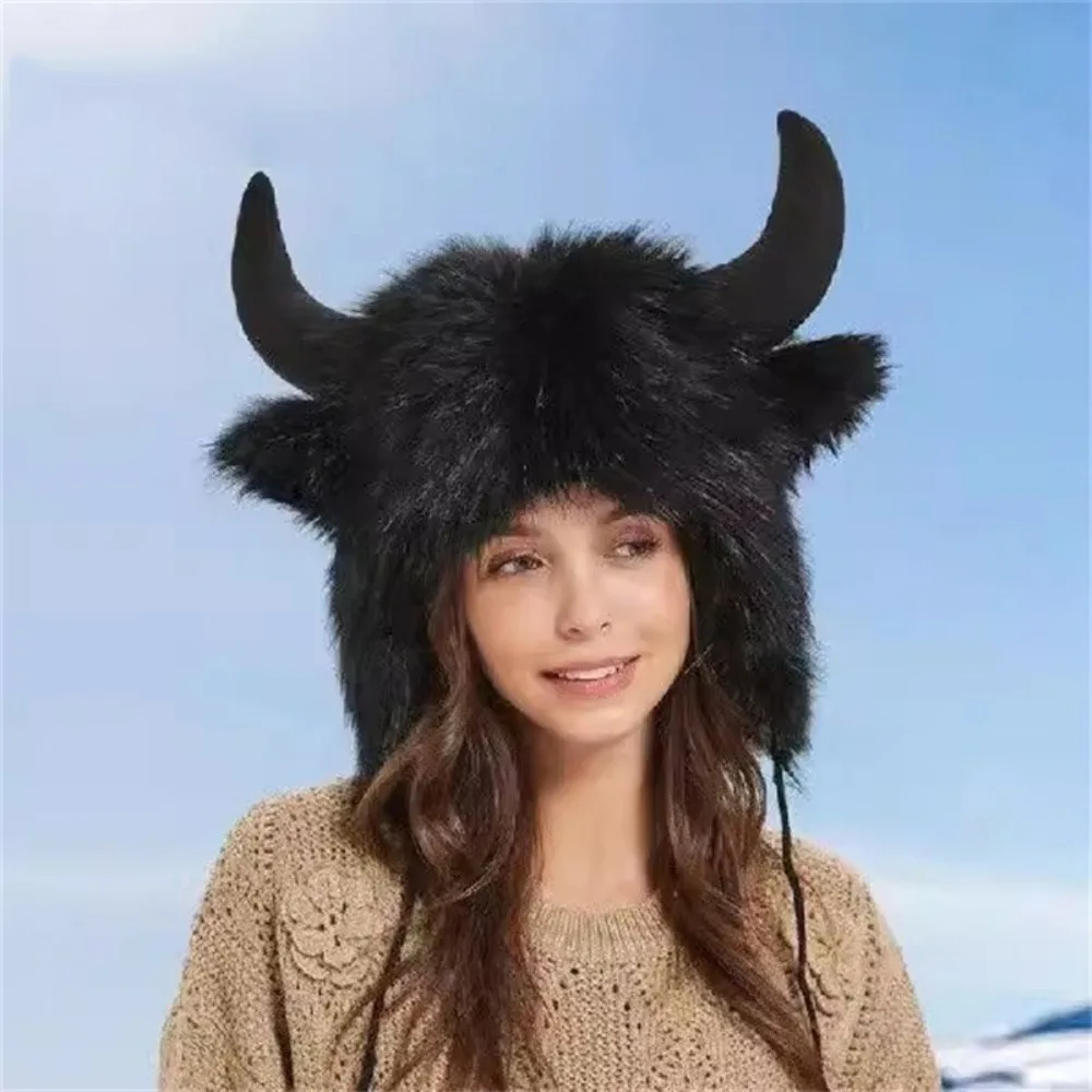 Sombrero de touro unisex de alta calidad, grueso con cuernos, gorro con orejeras, gorro de bisonte esponjoso a prueba de viento - imagen 4