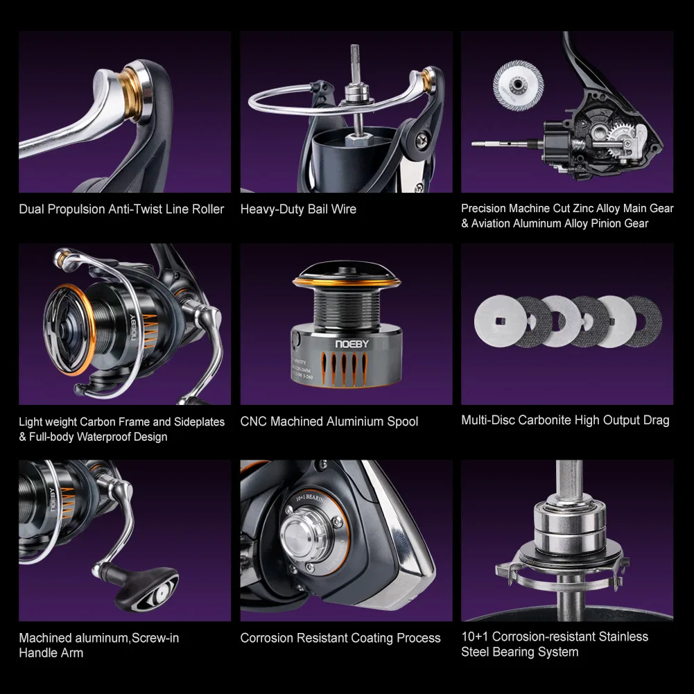Carrete de pesca giratorio Noeby infinito 2500H 3000H 4000H serie arrastre máximo 10kg peso ligero tornillo de aluminio carretes de pesca costeros - imagen 5