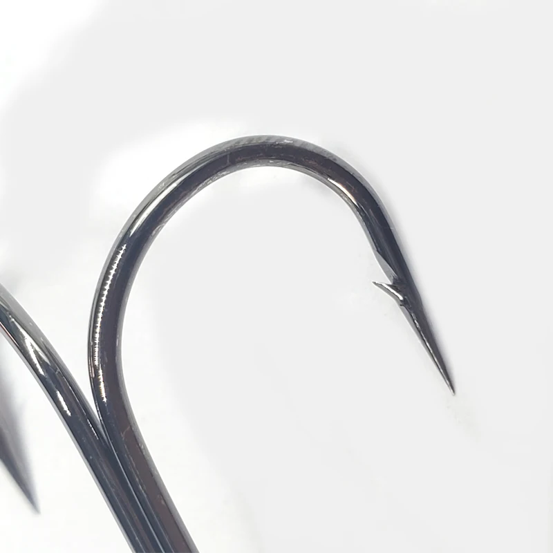 TAKEDO 10 Uds 9883 anzuelo de pesca doble de vástago largo doblado redondo, anzuelo de pesca de púas de níquel negro de acero al carbono para señuelo de rana - imagen 5
