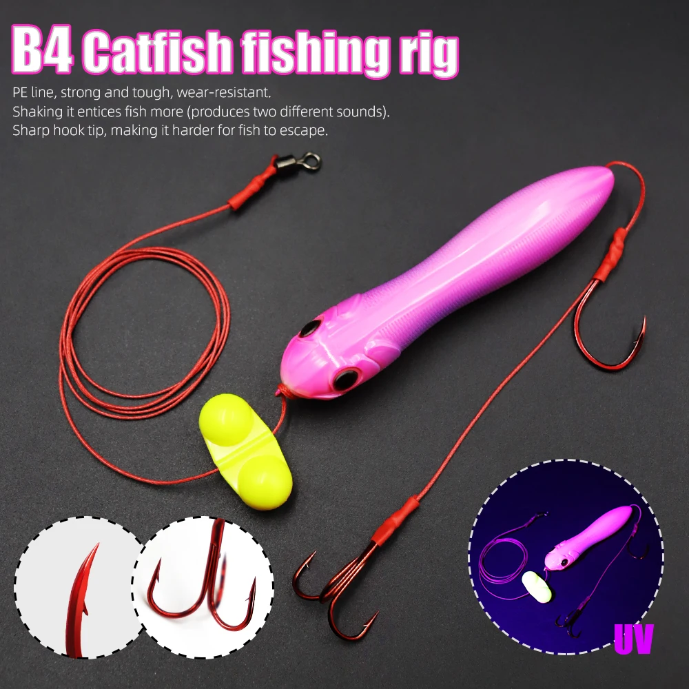 ZYZ 1 pieza de aparejos de bagre con gancho en J individual rojo y anzuelos triples, señuelo flotante, aparejos de cebo vivo, Ideal para anzuelos de cuerda de bagre de agua dulce - imagen 2