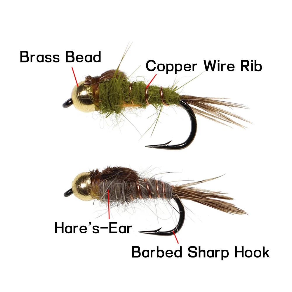 ICERIO 6PCS # 14 cuentas de latón gris oliva oreja de liebre ninfa trucha pesca mosca húmeda señuelo artificial cebo - imagen 3