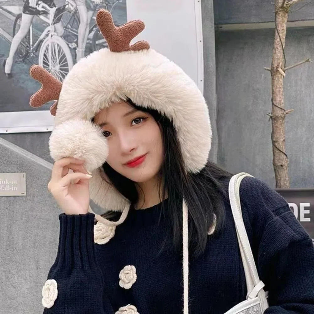 Gorro de invierno cálido y bonito con cordones, protección para los oídos, gorro con orejas de oso, gorro de lana con orejas de conejo de terciopelo para mujer - imagen 3