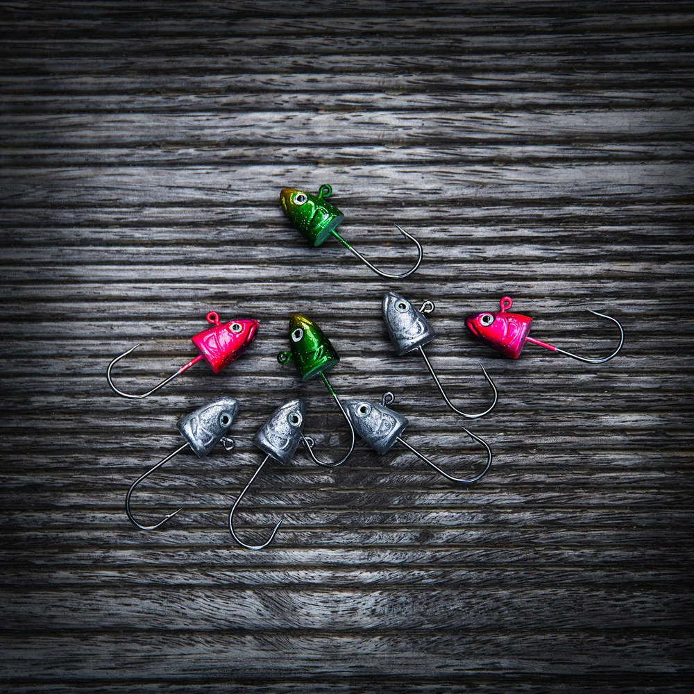 Goture-anzuelos de cabeza de plomo para pesca, lote de 8 unidades, 3,5g, 5g, 7g, 10g, anzuelos de púa de acero de alto carbono, tipo pez con ojos de pez 3D - imagen 4