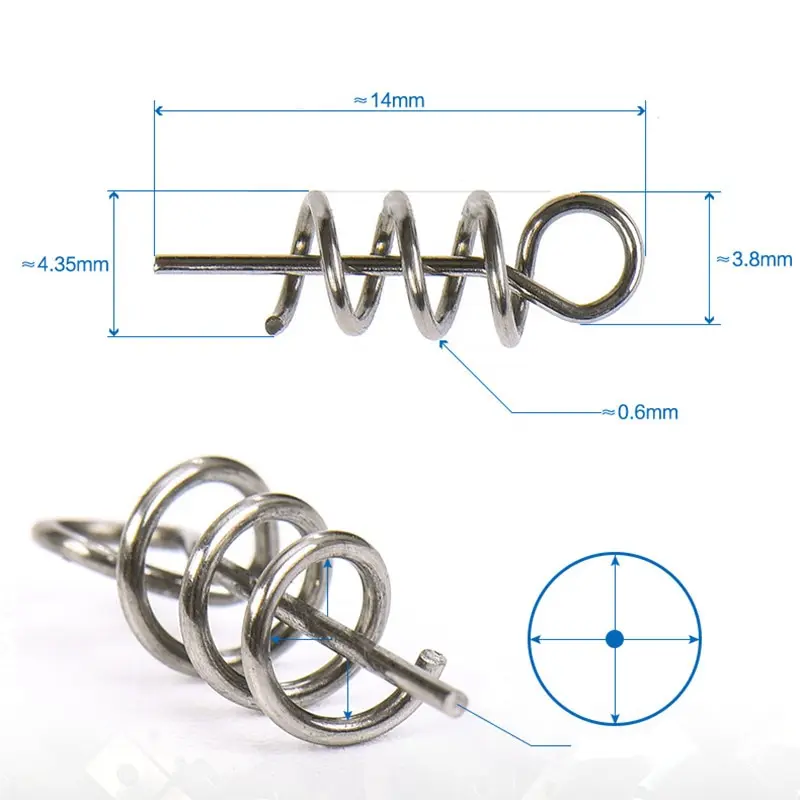 Paquete de 100 piezas pasador de bloqueo de resorte, Conector de pesca de gancho de manivela de 14mm, eslabones giratorios de acero inoxidable para cebo blando, accesorios de pesca - imagen 3