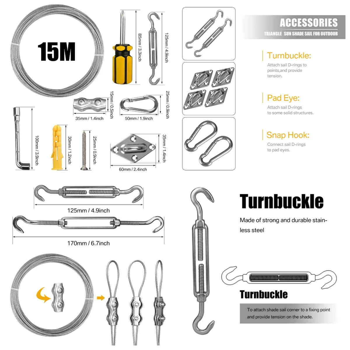 Kit de cuerda de alambre de vela de sombra, 4/47/60/72 Uds., Kit de herrajes de acero inoxidable, Kit de herrajes para refugio antioxidante de alta resistencia, accesorios para tienda - imagen 5
