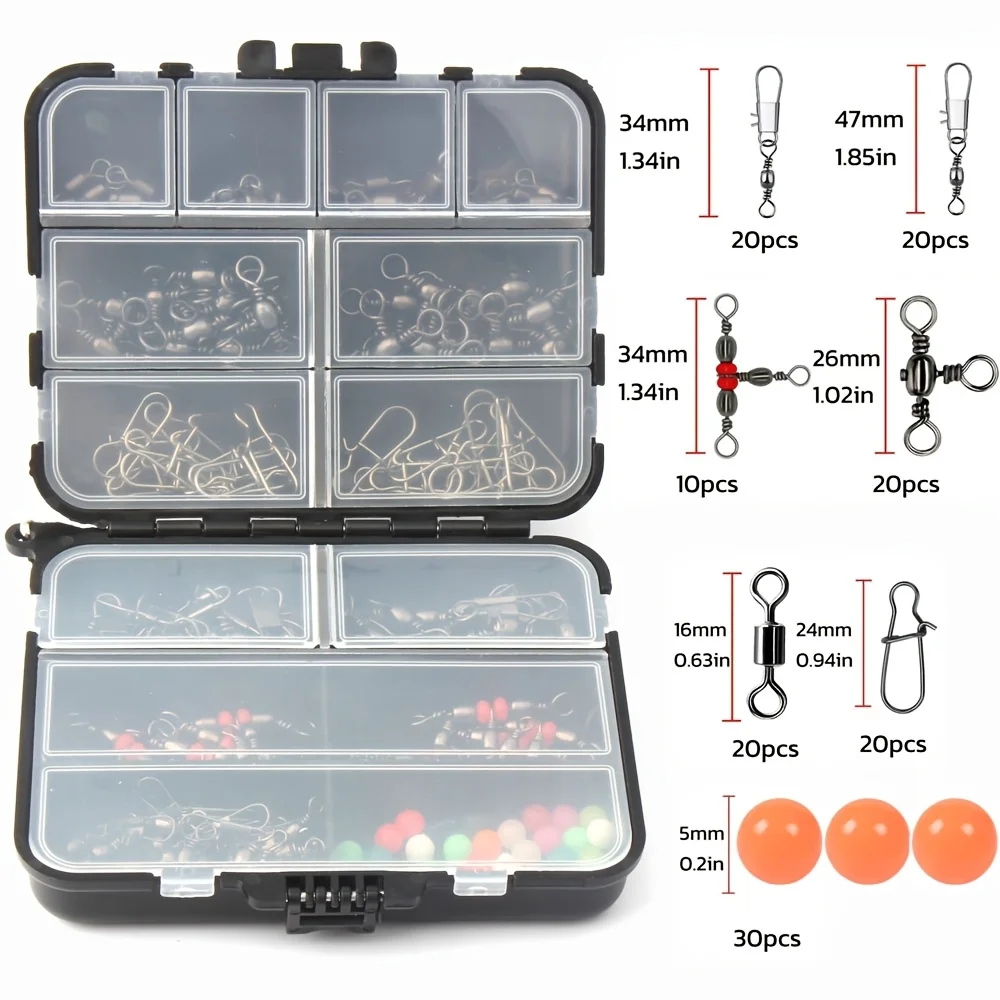 Kit de equipo de pesca de 140 piezas, botón a presión equipado con flotador y giratorio de acero inoxidable, caja negra duradera adecuada para anglers - imagen 2