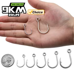 Ganchos individuales en línea de 9KM, 25-50 Uds., ganchos de repuesto para señuelos, cebos, anzuelo circular en línea, ojo grande con anzuelo de cebo de pesca con púas