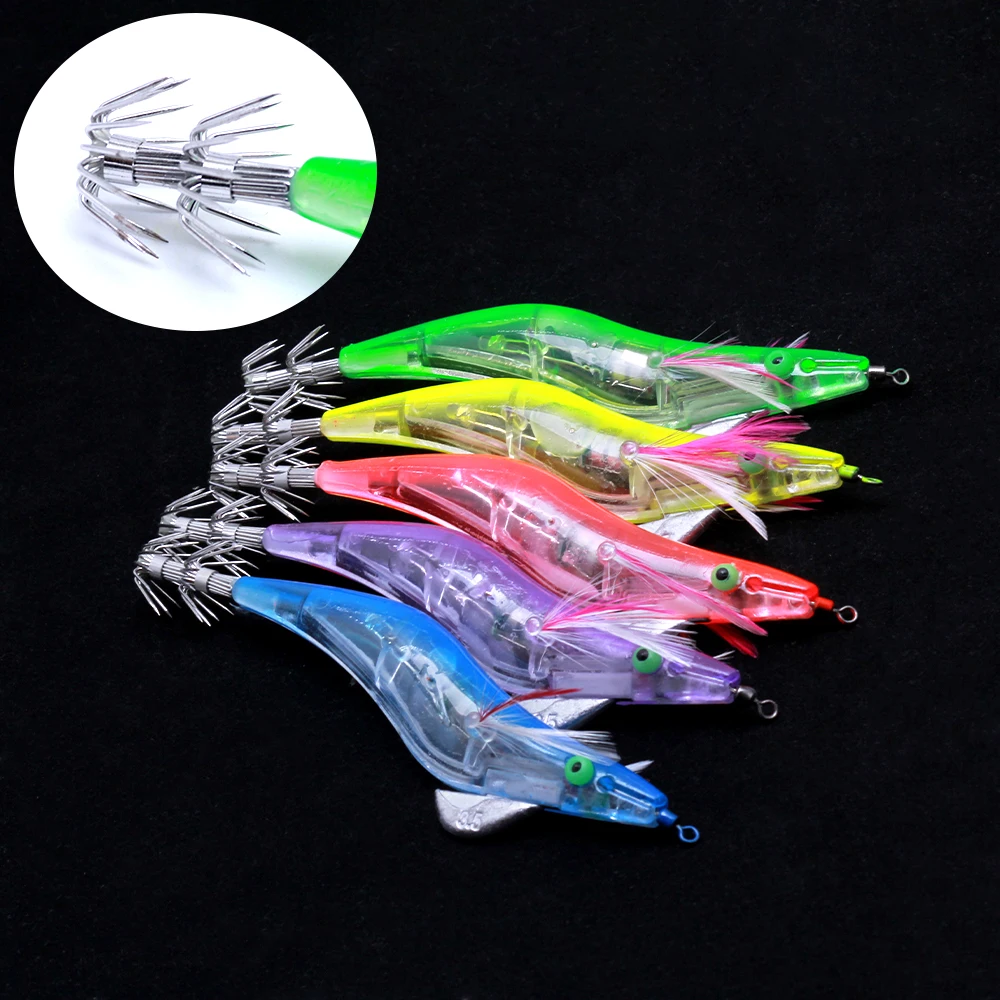 5 piezas de gancho de calamar luminoso LED, batería de camarón electrónica, gancho de pulpo de camarón de madera, cebo de calamar, subcebo de camino luminoso - imagen 5