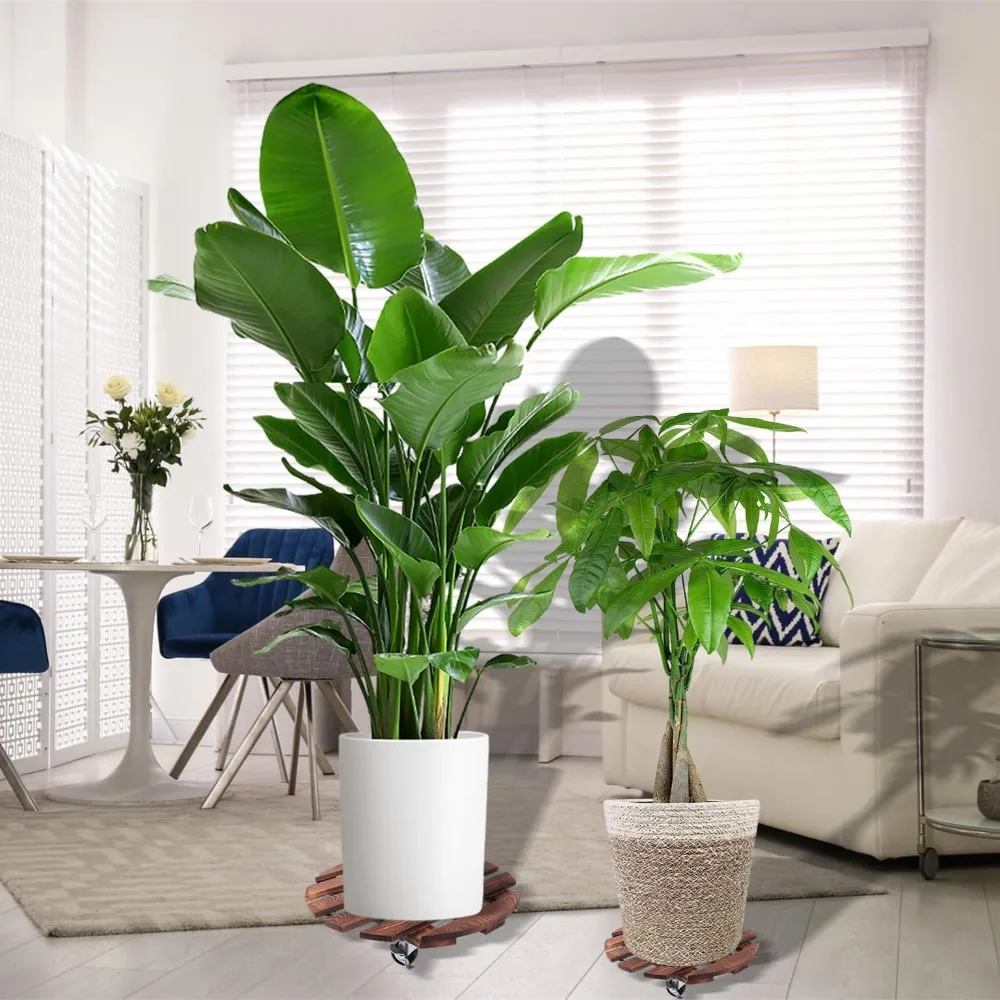 Carrito de plantas con ruedas, soporte para plantas rodantes, bandejas para macetas redondas de madera de alta resistencia de 220LB con Meta Wheels de 360 °, plataforma rodante para macetas de flores - imagen 3