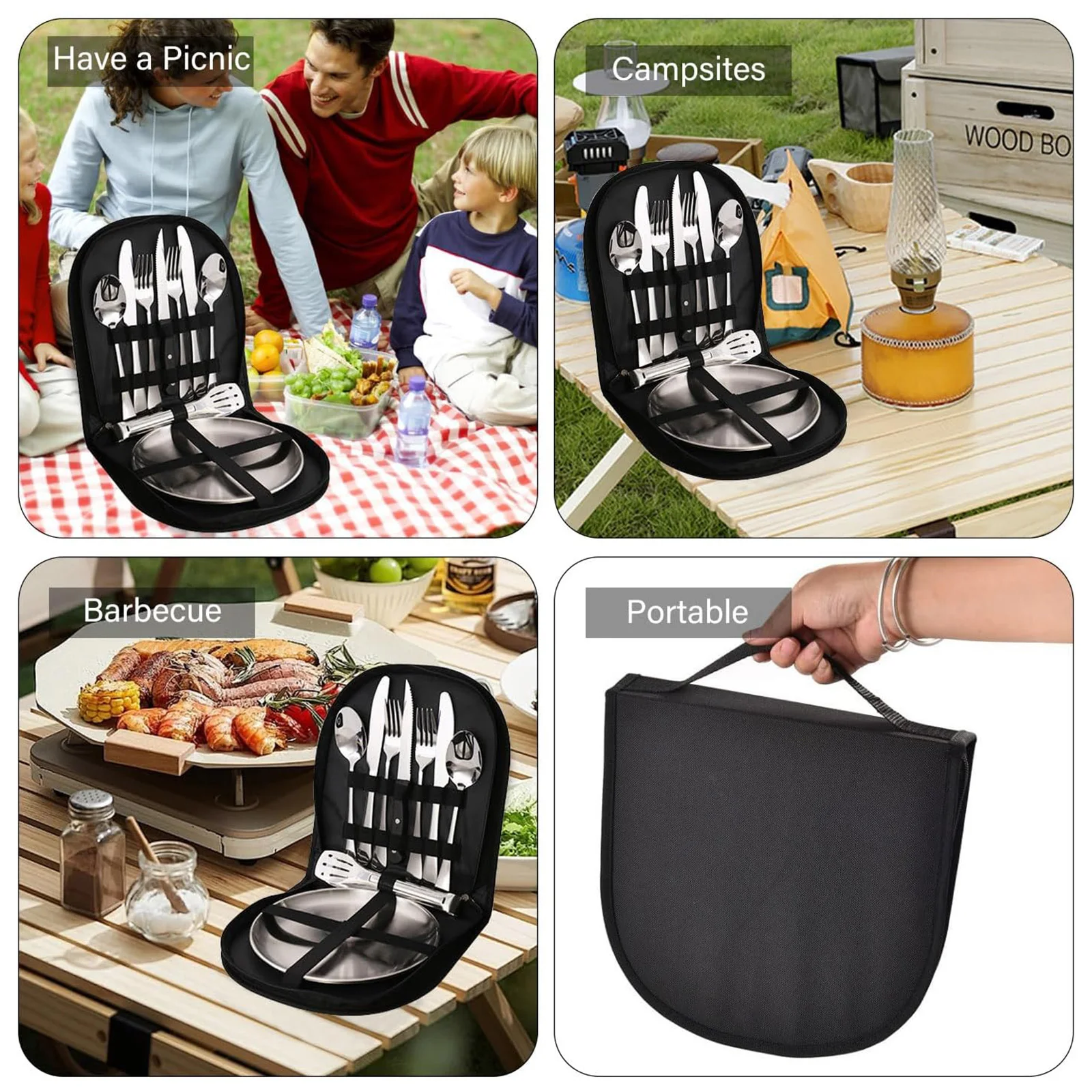 10 unids/set juego de cubiertos para acampar tenedor de acero inoxidable cuchara cuchillo tazón Kit portátil viaje al aire libre Camping Picnic vajilla de Metal - imagen 4