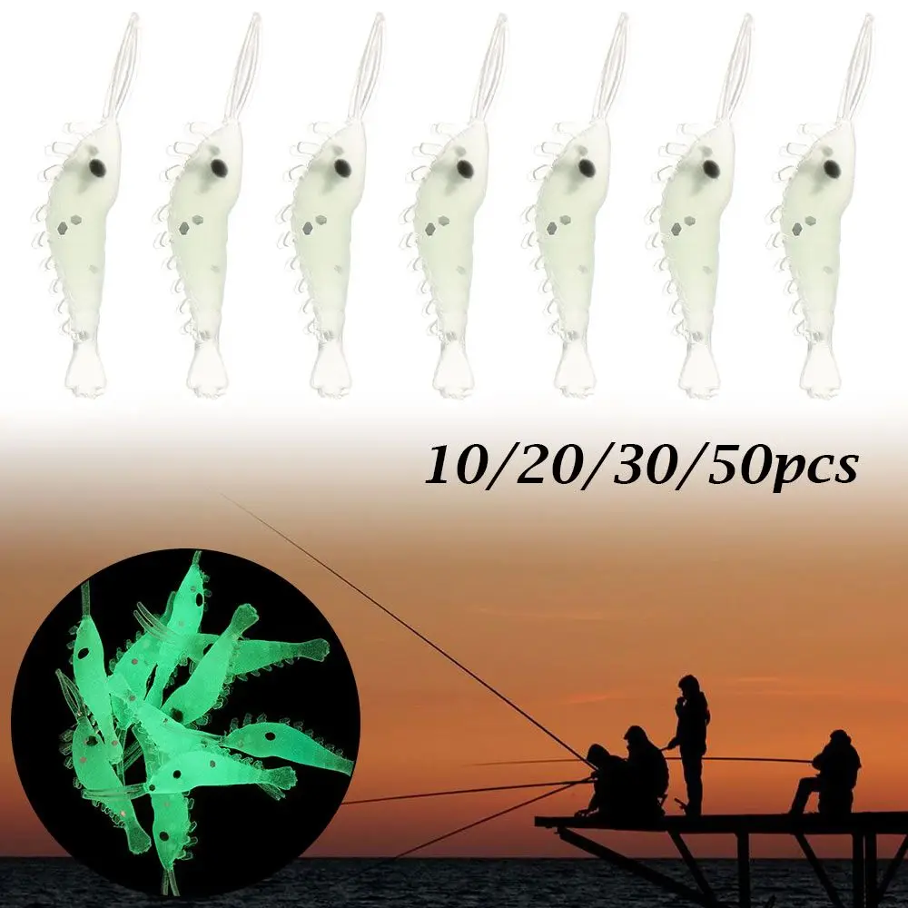 10/20/30/50 Uds. Luminoso suave 3cm biomimético pesca en el mar camarones cebo falso luminoso camarones Señuelos de Pesca gancho gusano silicona