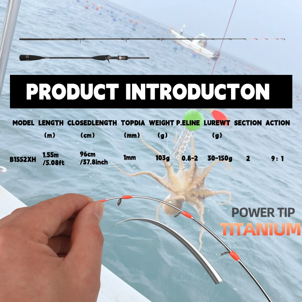 ROLLFISH-caña de pescar con punta de titanio, pulpo, calamar, sepia, 1,55 M/5,08 pies, acción 9:1, fundición de fibra de carbono, caña de Jigging ligera para agua salada - imagen 3