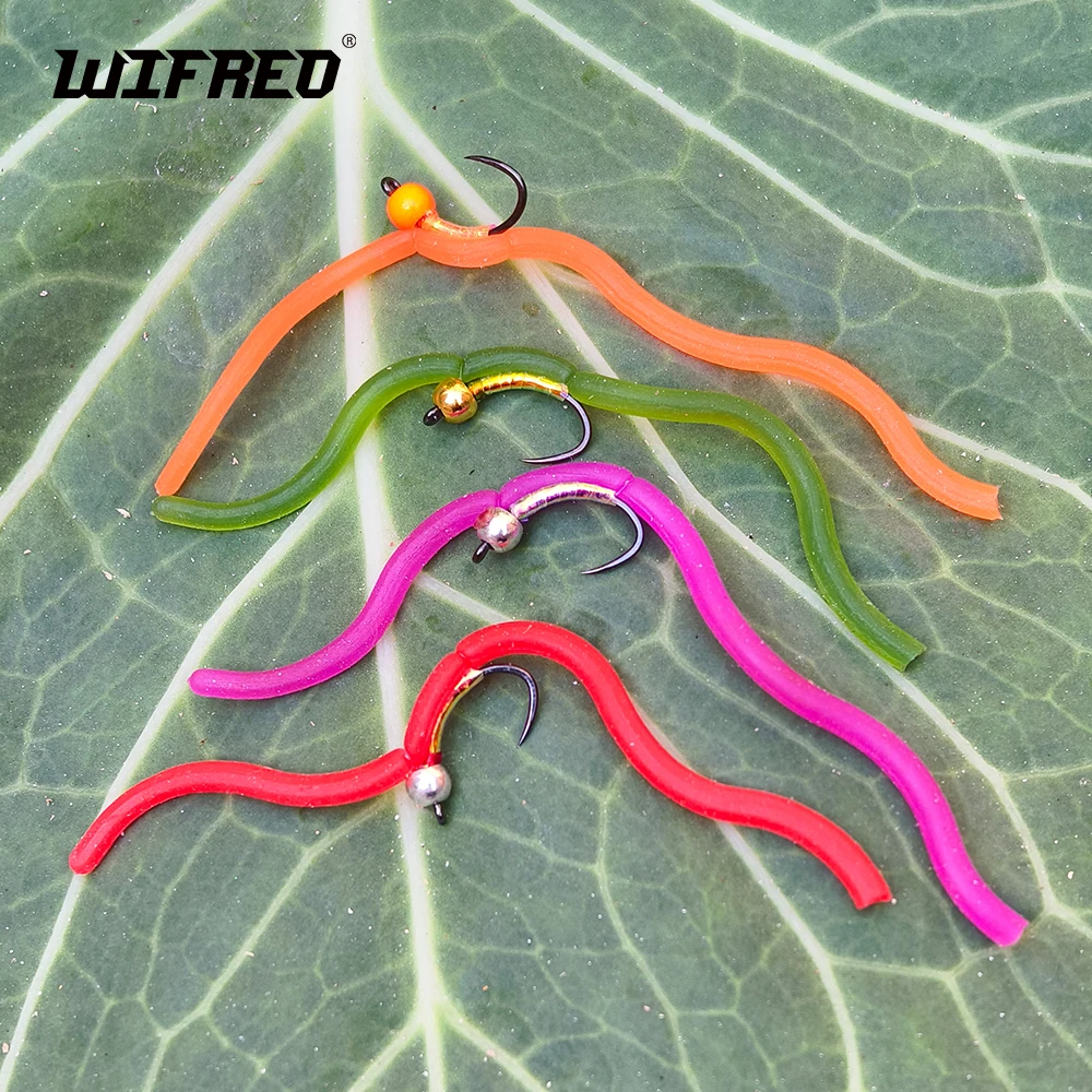 Wifreo 8 piezas # 14 gancho sin púas cabeza de cuentas de latón Flash vientre Squirmy gusano ninfa moscas trucha gris pesca con mosca señuelo cebo - imagen 2