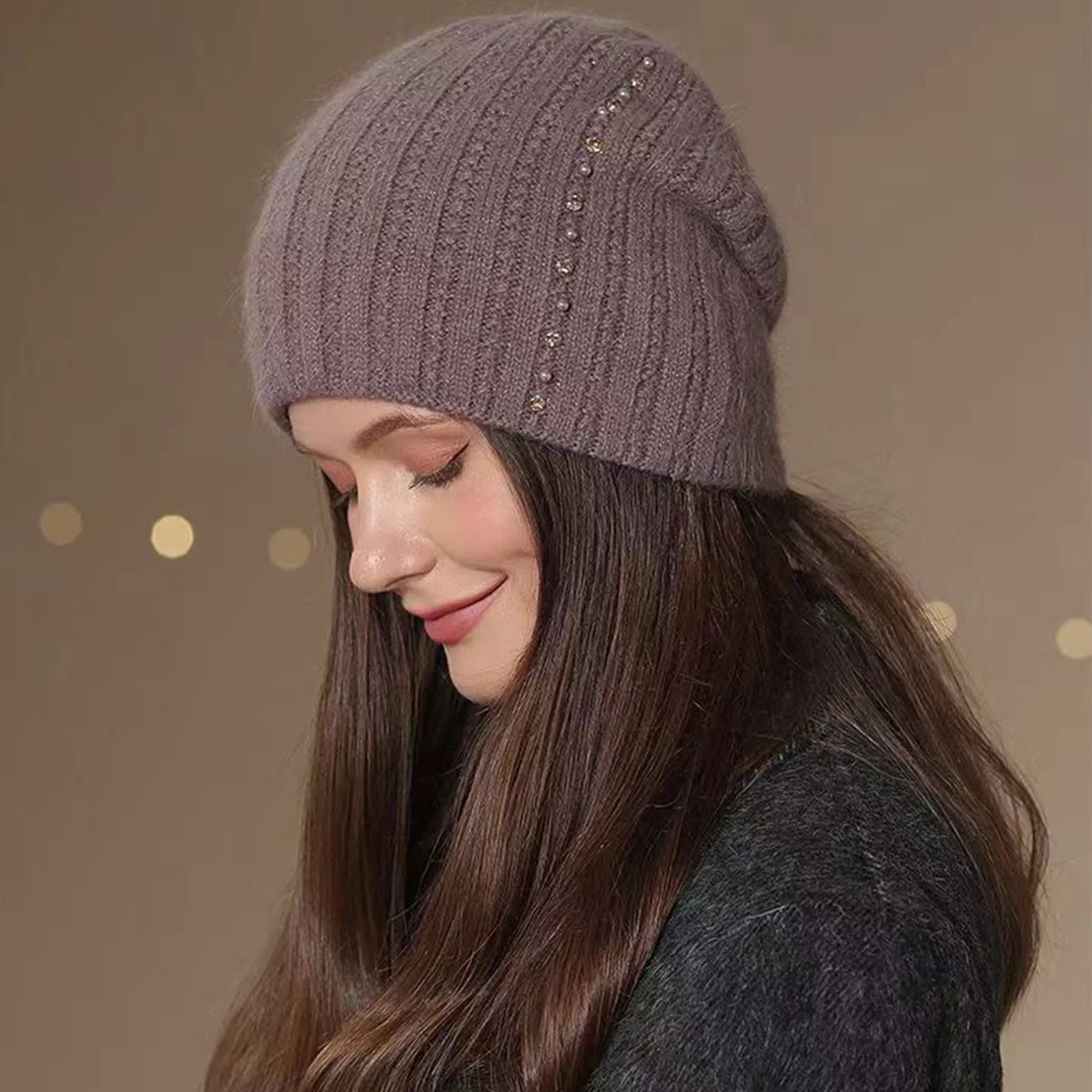 Gorro de ciclismo cálido para invierno, gorro de lana tejido con diamantes de imitación a la moda, gorro sin ala grueso a prueba de viento para exteriores para ciclismo - imagen 5