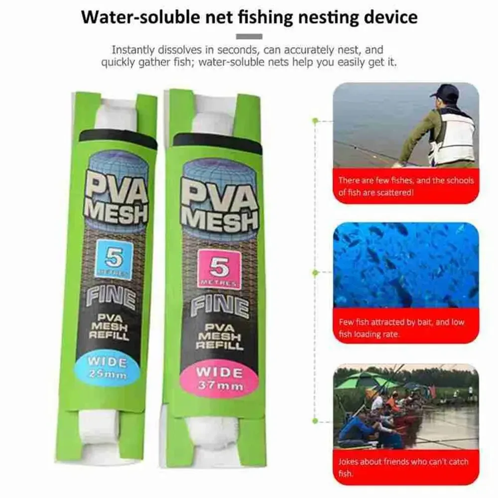 Bolsa de malla PVA Soluble, 5M, recarga de alimentador de carpa, Señuelos de Pesca, aparejo de repuesto, gancho, bolsas para envolver cebo, 25mm, 37mm, accesorios de pesca - imagen 3