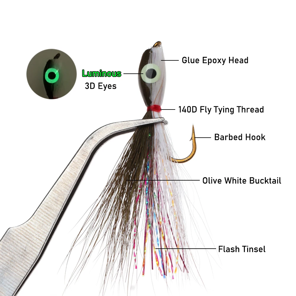 Wifreo 2 piezas/3 piezas # 8 Thunder Creek Minnow Olive White Bucktail 3D ojos luminosos pesca con mosca pequeño cebo señuelo trucha lubina Pike - imagen 3