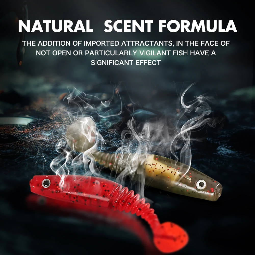 ZUKIBO Señuelo de pesca Swimbait suave 68 mm 58 mm Cola en T Gusano de silicona suave TPE Plásticos Cebos Señuelo 10PCS Señuelo Wobbler artificial Ojos 3D Señuelos flotantes con olor a pescado - imagen 3