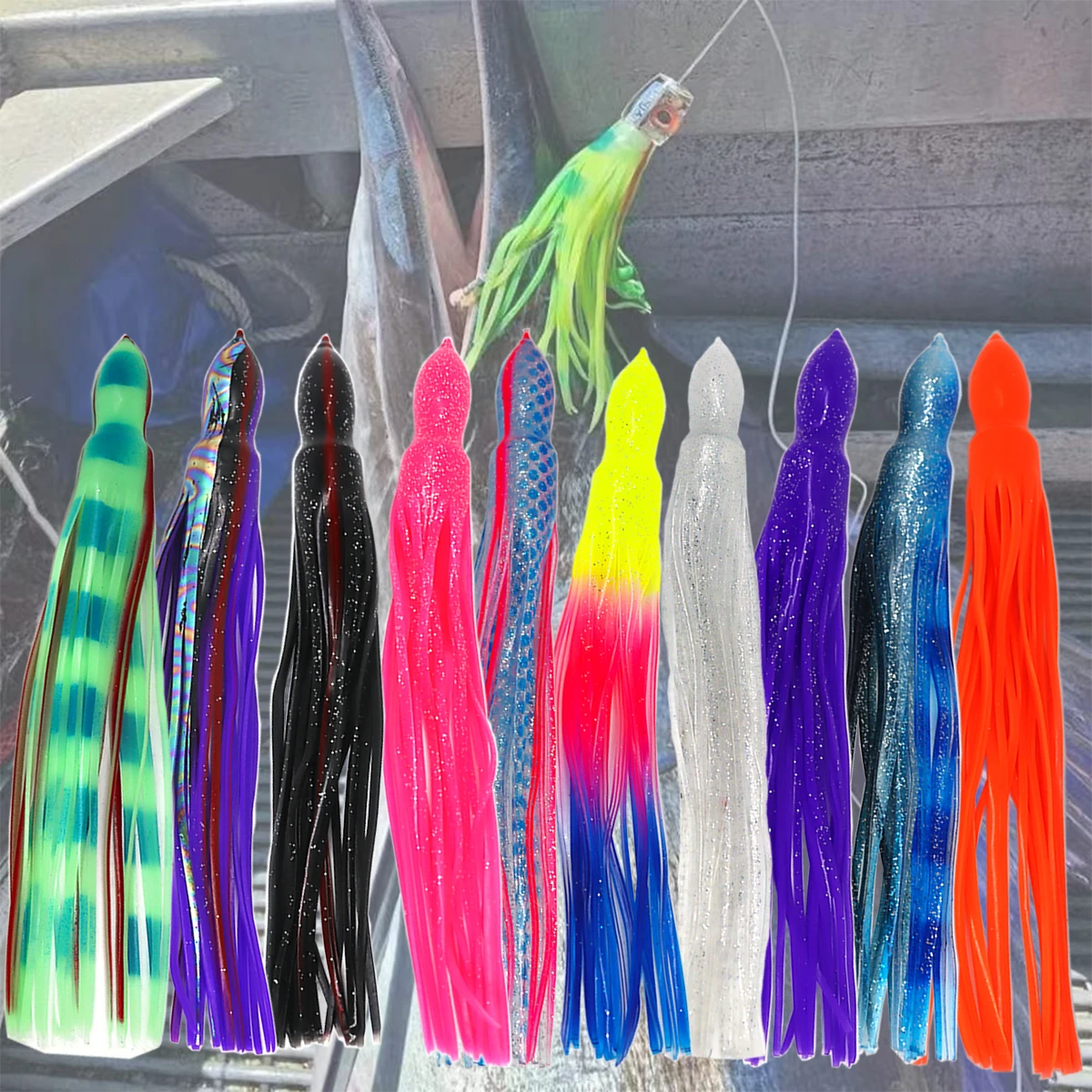 10 Piezas de Señuelos de Pesca de Calamar de PVC Suave de 12 Pulgadas, Señuelos Artificiales de Pulpo, Falda de Repuesto para Pesca de Marlin con Curricán - imagen 3