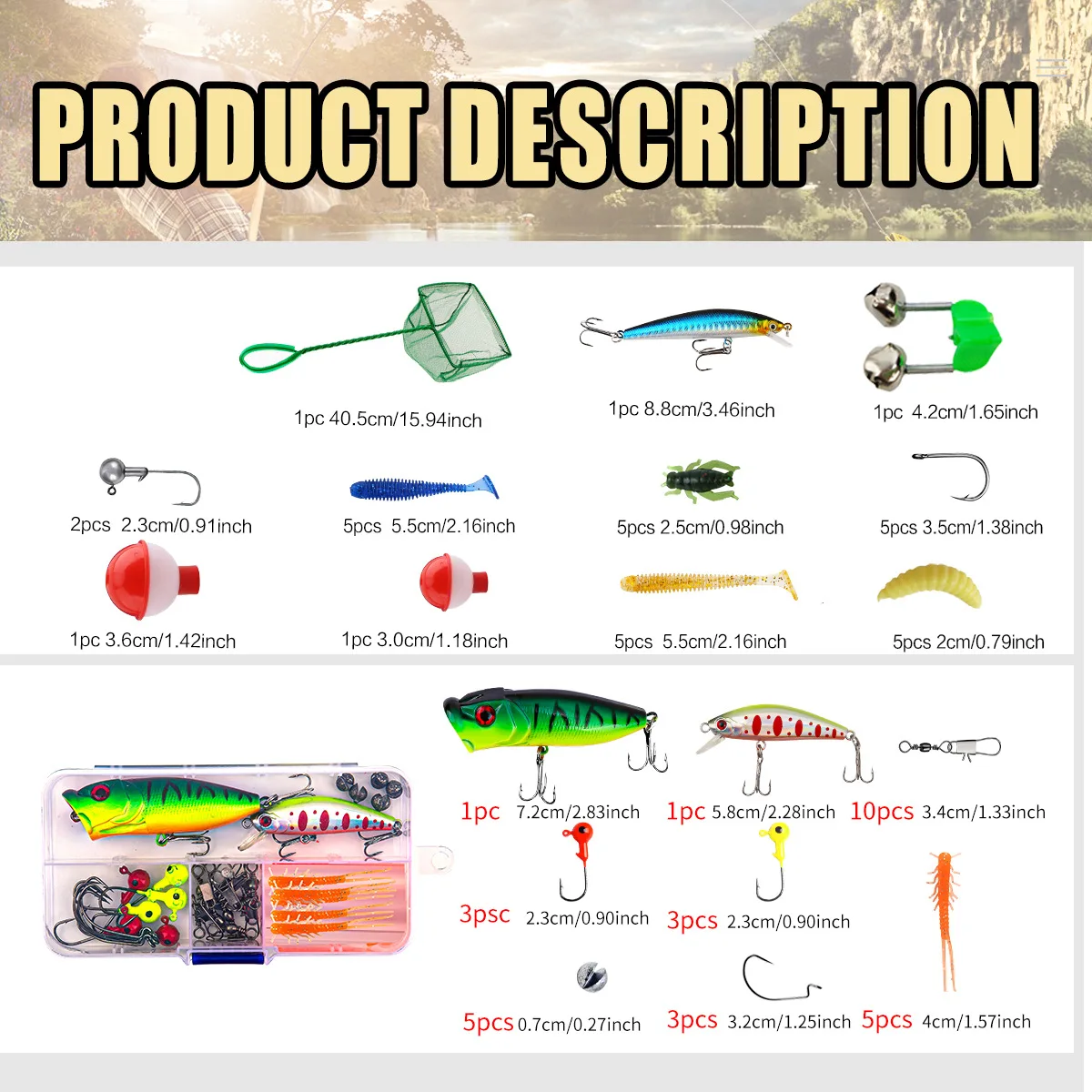 Juego completo de caña de pescar telescópica de fibra de vidrio, Kit de cebo, línea de anzuelo, red de equipo de pesca, caja de regalo de Navidad - imagen 2