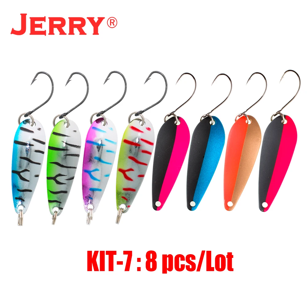 Jerry Aries 3,5g 5g Kit de cuchara de Metal para trucha, cebo giratorio de colores UV, adornos brillantes, lucio, perca, Micro señuelo de Pesca de agua dulce