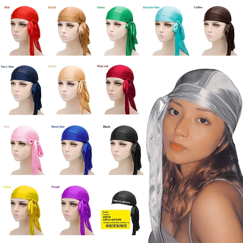 Unisex sedoso Durags Bandanas turbante sombrero pelucas Doo hombres satén Durag Biker sombreros diadema accesorios para el cabello cola Extra larga Du-Rag - imagen 3